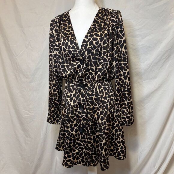 Zara Giraffe Brown Animal Print V Neck Long Sleeve Blouse Womens - Picture 2 of 7